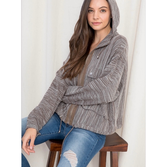 LAST 1❗️Casual Chic Brown Charcoal Oversized Woven Hoodie Jacket - Picture 4 of 8